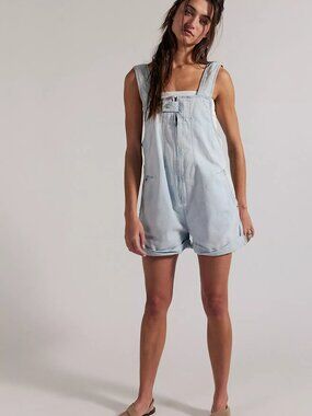 We The Free Light Wash Denim Short Overalls Romper